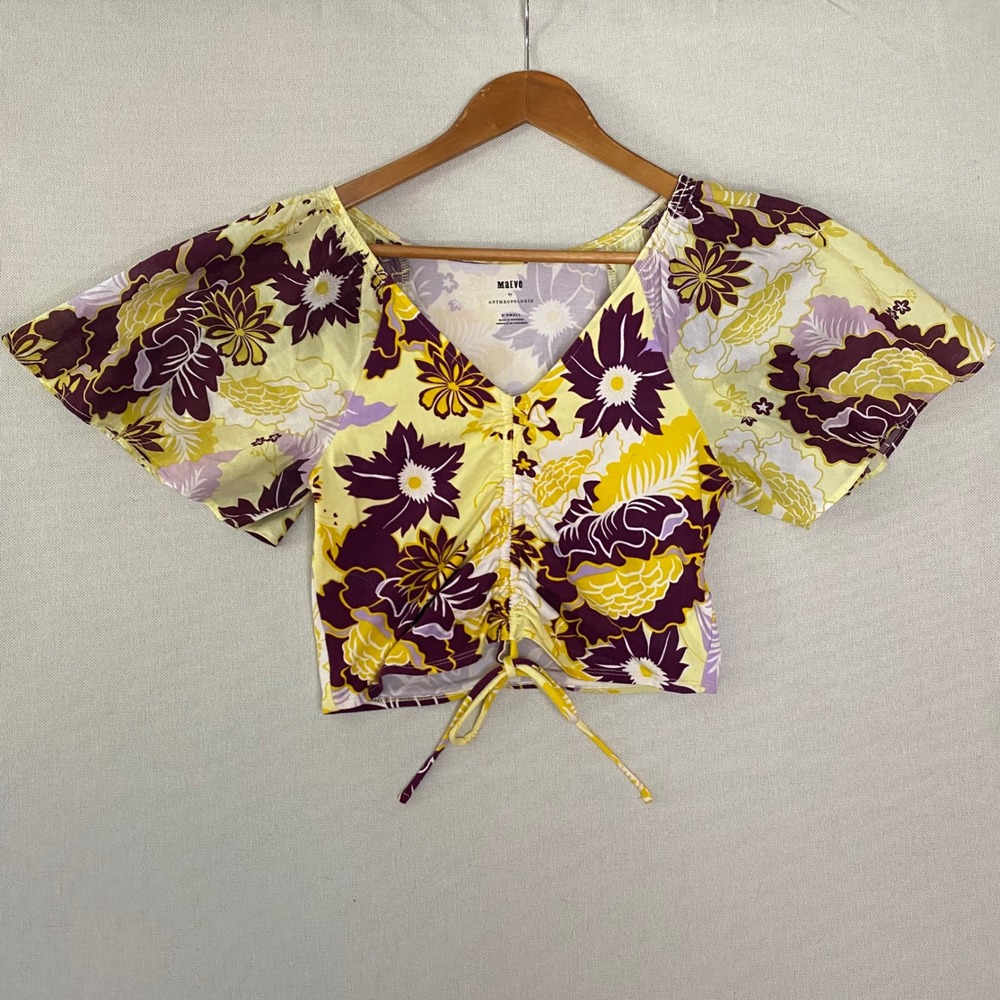 Maeve by Anthropologie Floral Ruched Drawstring Crop Top Yellow Purple XS‎